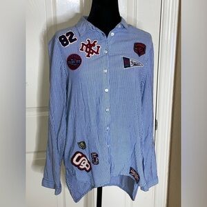SUPERDRY Womens Longline Shirt Patchwork Medium Blue Striped Viscose​​​​​​​​​